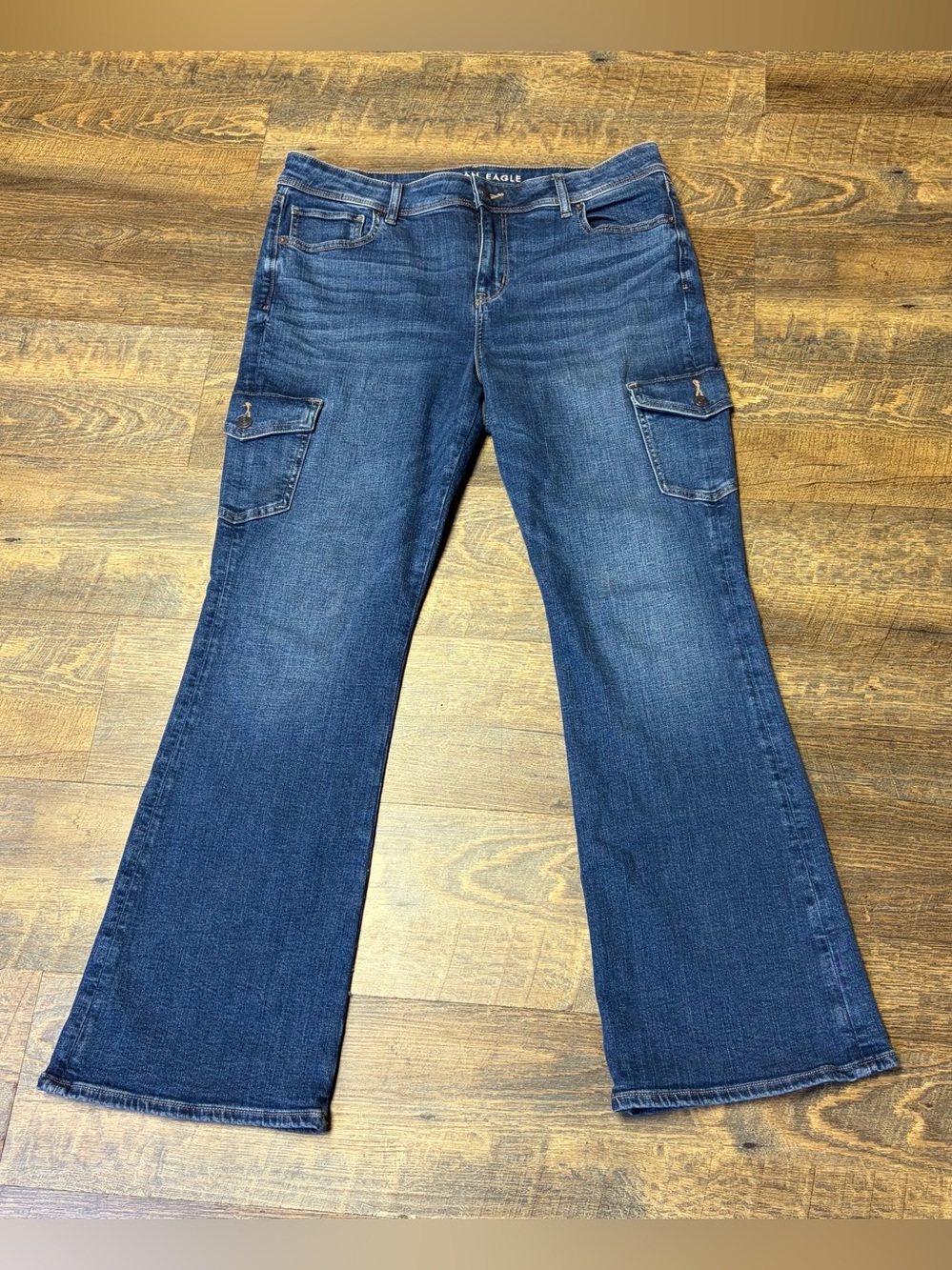 American Eagle Kick Boot Cargo Jeans Womens 16 Blue Denim Stretch Flare
